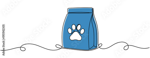 Pet food bag with paw print standing on continuous line. no editable strokes