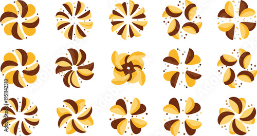 Abstract potato chips swirl pattern collection with circular snack shapes in brown and yellow tones, decorative vector set for backgrounds, textile and branding design