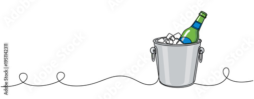 Wine bottle chilling in ice bucket on continuous line. no editable strokes