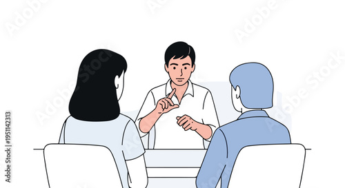 Three people in a meeting, one explaining with hand gestures