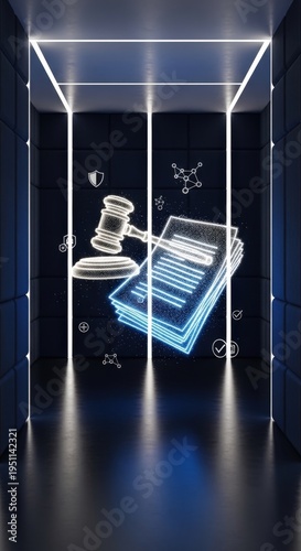 Futuristic Navy Atrium with Floating Blue Holographic Gavel and Documents – Conceptual Legal Technology, AI Compliance, and Neural Network Still Life