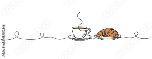 Coffee cup with croissant on continuous line breakfast scene. no editable strokes