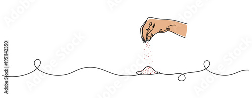 Hand sprinkling salt over minimal continuous line background. no editable strokes