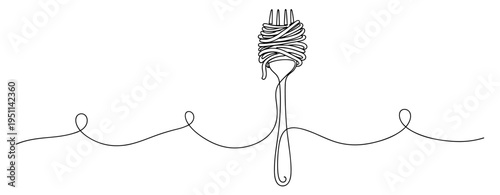 Fork wrapped with spaghetti on continuous line background. no editable strokes