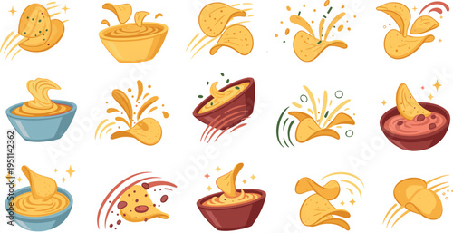Potato chips dipping in sauce vector set with splash effects, crispy snack motion, bowls and flavor dips in dynamic cartoon illustration style