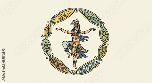 Stylized ancient performer in ornate frame, gesturing with arms and legs