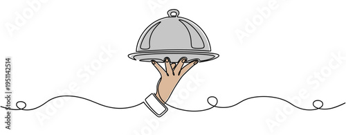 Hand holding serving cloche in minimal line art background. no editable strokes