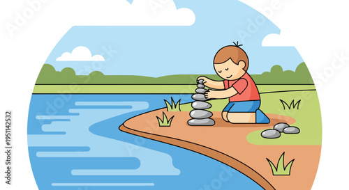 Child stacking stones by a serene lake with green hills and clouds above