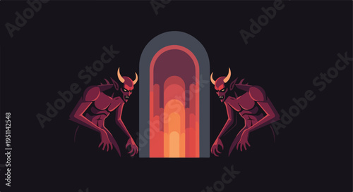 Two demonic figures stand guard at a glowing portal