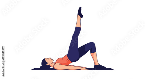 Woman in orange tank top and navy leggings performing single leg bridge exercise