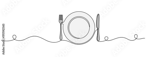 Plate with fork and knife set on continuous line. no editable strokes