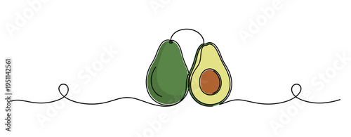 Avocado pair sliced and whole with continuous line on white. no editable strokes