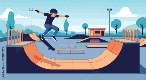 Young person in mid-air on skateboard at skatepark