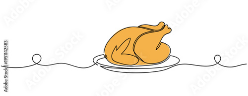 Roast chicken served on plate with continuous line background. no editable strokes