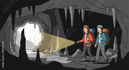 Two explorers with backpacks venturing into a dark cave with a flashlight