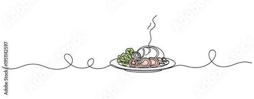 Steaming plated meal with garnish on clean white background line. no editable strokes