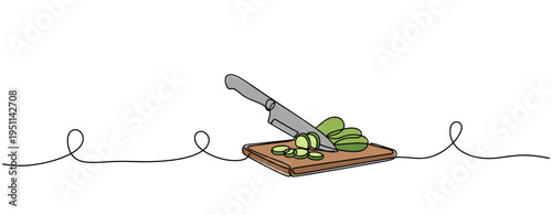 Chef knife slicing cucumber on wooden cutting board. no editable strokes