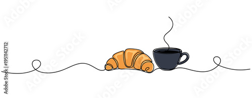 Croissant with steaming coffee cup on continuous line. no editable strokes