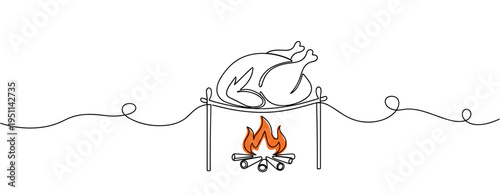 Roasted chicken cooking on spit over campfire outdoor scene. no editable strokes