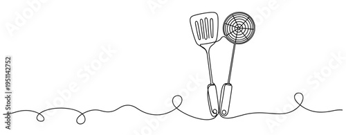 Spatula and skimmer standing together on kitchen counter. no editable strokes