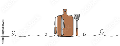 Cutting board with knives and spatula on white surface. no editable strokes