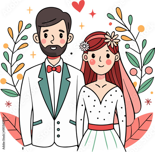 Elegant hand drawn newlyweds set. Just married couple. Cute wedding with bride and groom, wife, husband in coquette line style. Unique doodle sketched vector illustrations for invitations, anniversary