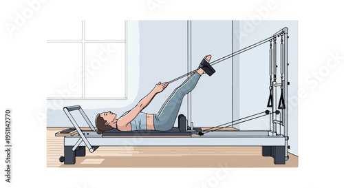 Woman exercising on a Pilates reformer machine, working her legs and core