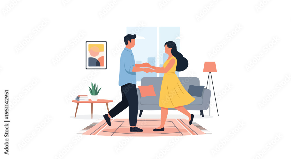 Fototapeta premium Couple dancing romantically in a cozy living room with modern decor