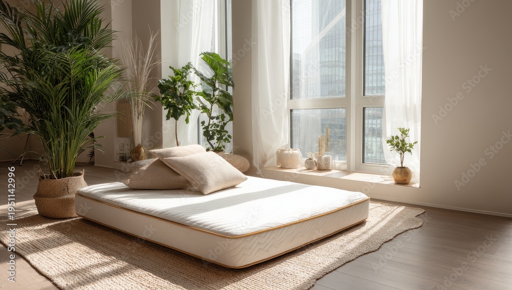 Fototapeta premium Minimalist Bedroom Oasis - Platform Bed, Natural Light, Serene Interior.