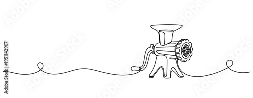 Manual meat grinder depicted on continuous line white background. no editable strokes