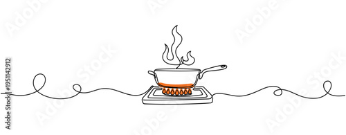 Pan sizzling on gas burner in simple kitchen illustration. no editable strokes