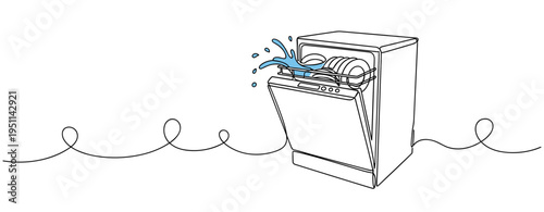 Dishwasher overflowing with water in simple line scene. no editable strokes