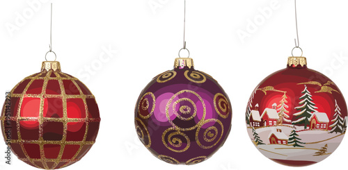 Set of Three Elegant Hanging Christmas Baubles Featuring Red Plaid Purple Gold Swirls and Winter Village Landscape Patterns Isolated on White Background for Holidays