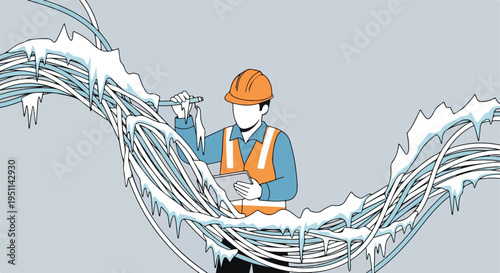 Worker in hard hat and vest inspects ice-covered cables, holding a tablet and tool