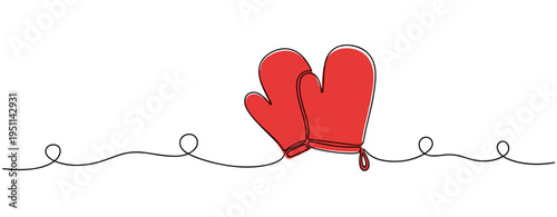 Red mittens resting on wavy line minimal white background. no editable strokes