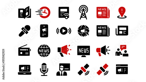 Vector icons related to broadcasting, news media, communication, and information sharing.