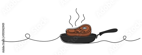 Steak sizzling in frying pan on simple line illustration. no editable strokes