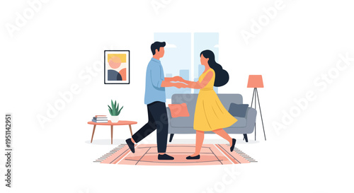 Couple dancing romantically in a cozy living room with modern decor