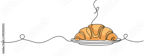 Fresh croissant steaming served on plate with continuous line. no editable strokes