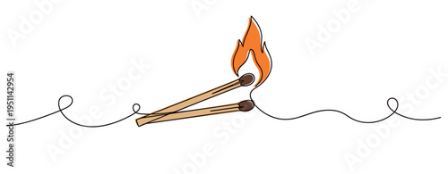 Burning matchsticks crossed on continuous line background minimal design. no editable strokes