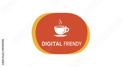 A steaming cup of coffee sits on a digital table with a friendly logo.