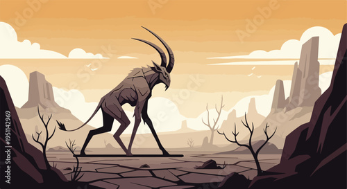 Stylized antelope with long horns walks across a dry, cracked desert landscape
