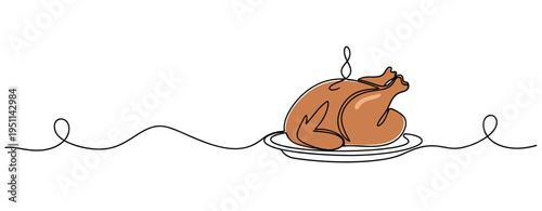 Roast turkey placed on plate along continuous line. no editable strokes