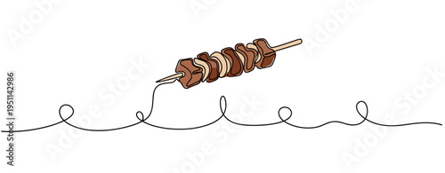 Skewer of grilled meat placed on continuous line. no editable strokes