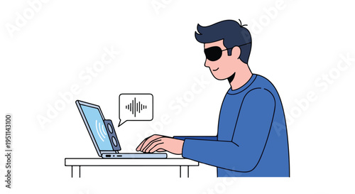 Person with eye mask types on laptop showing sound waves icon