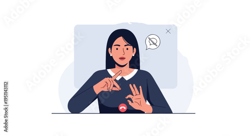 Woman on video call makes hand gestures, possibly signing, with muted chat icon