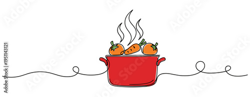 Vegetable stew simmering in red pot on plain white background. no editable strokes