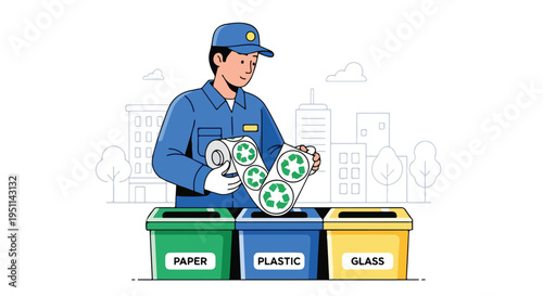 Worker sorts recycling with bins for paper, plastic, and glass
