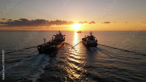 Two cargo ships navigating through calm waters at sunset, leaving trails in the ocean, with a distant vessel visible on the horizon