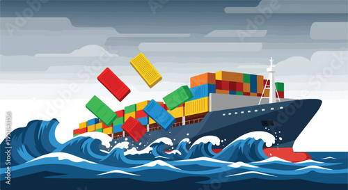 A cargo ship navigates rough seas as containers tumble into the ocean
